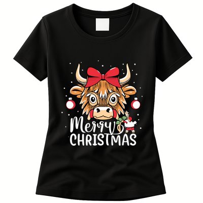Scottish Highland Cow Merry Christmas Snow Womens T-Shirt