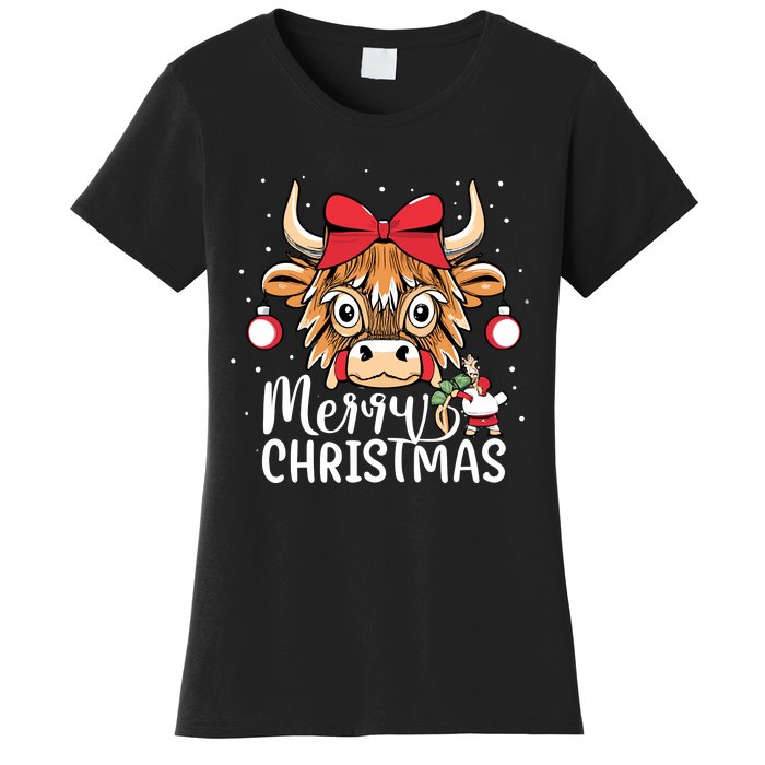 Scottish Highland Cow Merry Christmas Snow Women's T-Shirt