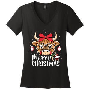 Scottish Highland Cow Merry Christmas Snow Women's V-Neck T-Shirt