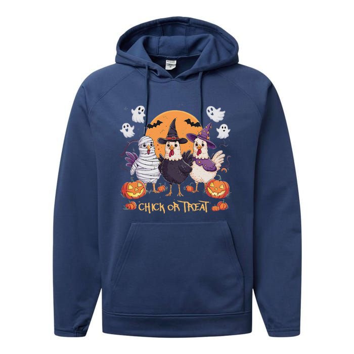 Spooky Halloween Chicken Pumpkin Farm Chick Or Treat Performance Fleece Hoodie