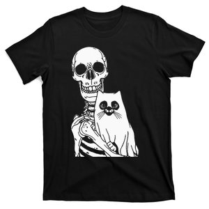 Skeleton Holding Cat Lazy Halloween Costume Skull Kitten T-Shirt