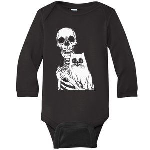 Skeleton Holding Cat Lazy Halloween Costume Skull Kitten Baby Long Sleeve Bodysuit