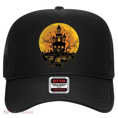 Spooky Halloween Castle Black Cats High Crown Mesh Back Trucker Hat