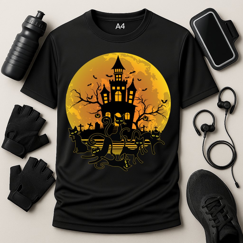 Spooky Halloween Castle Black Cats Cooling Performance Crew T-Shirt