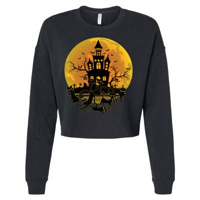 Spooky Halloween Castle Black Cats Cropped Pullover Crew