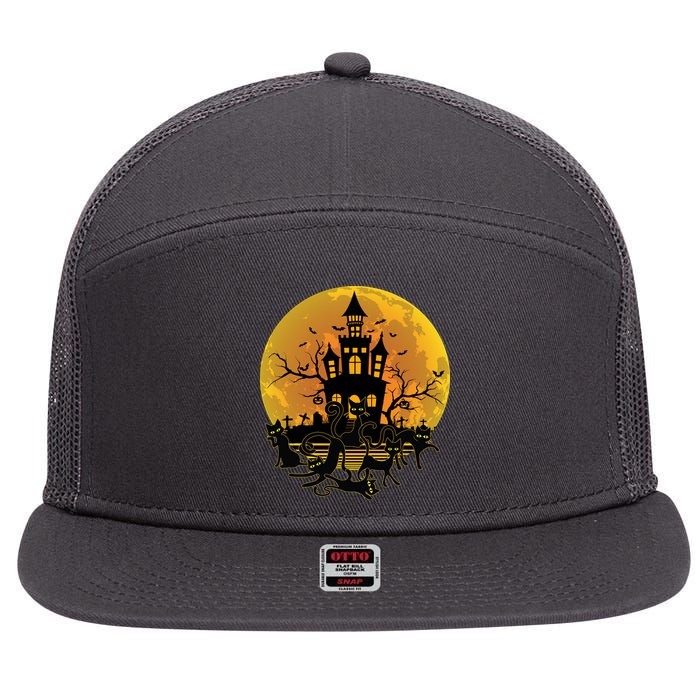 Spooky Halloween Castle Black Cats 7 Panel Mesh Trucker Snapback Hat