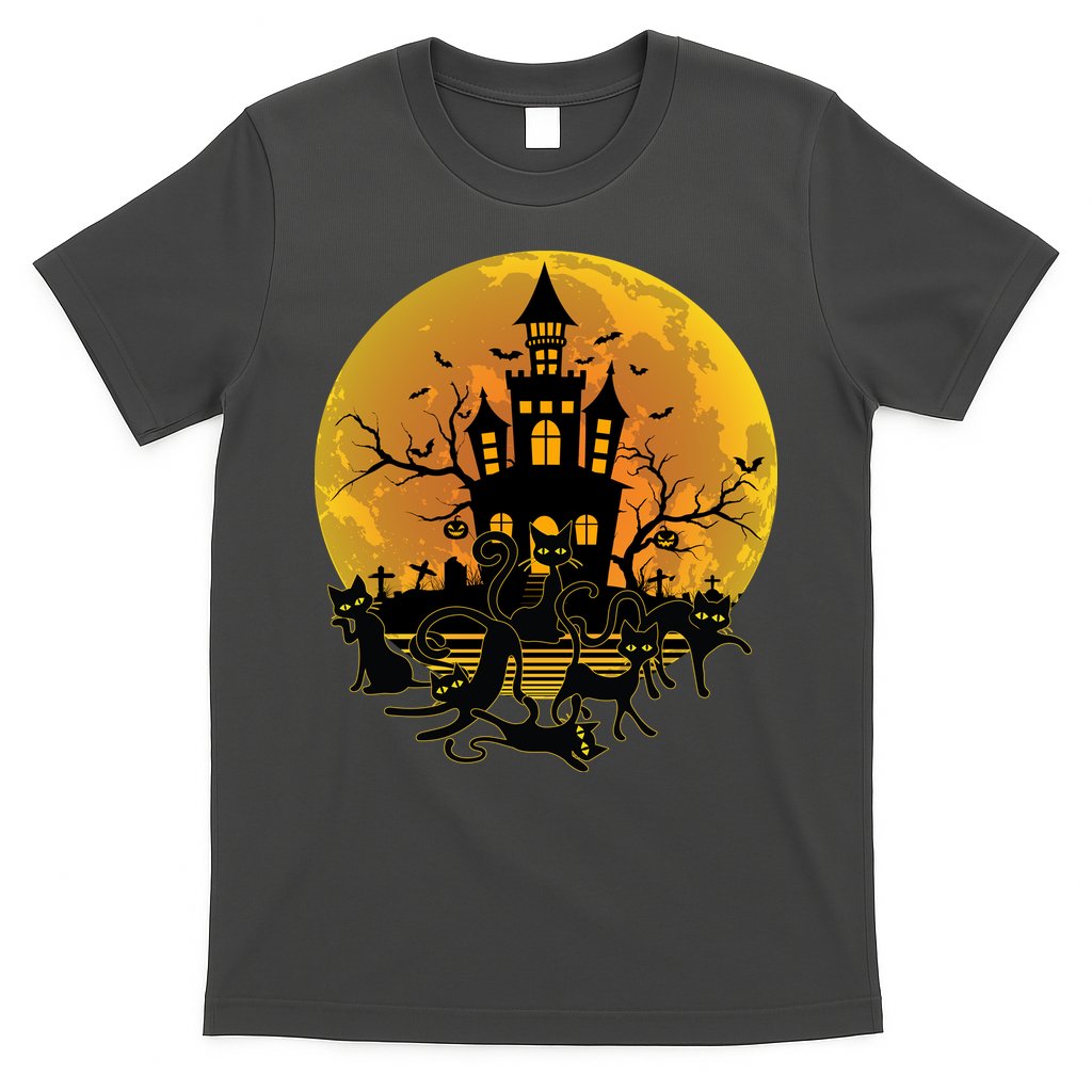 Spooky Halloween Castle Black Cats T-Shirt