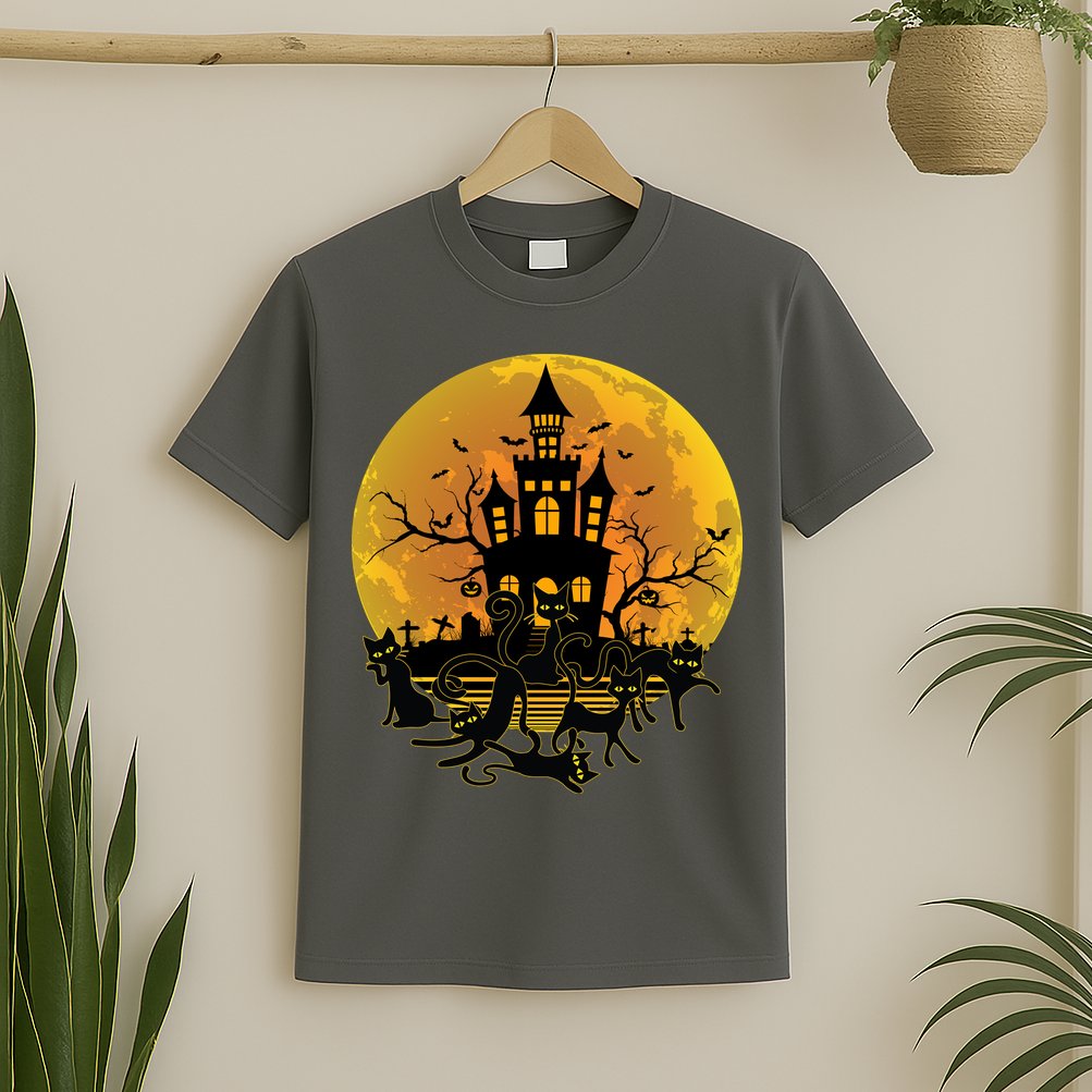 Spooky Halloween Castle Black Cats T-Shirt