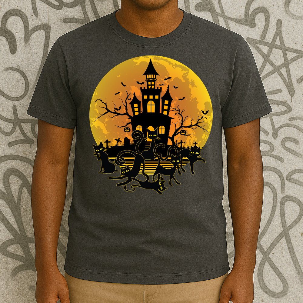 Spooky Halloween Castle Black Cats T-Shirt