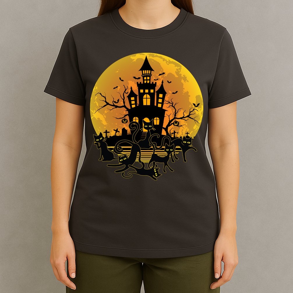 Spooky Halloween Castle Black Cats T-Shirt