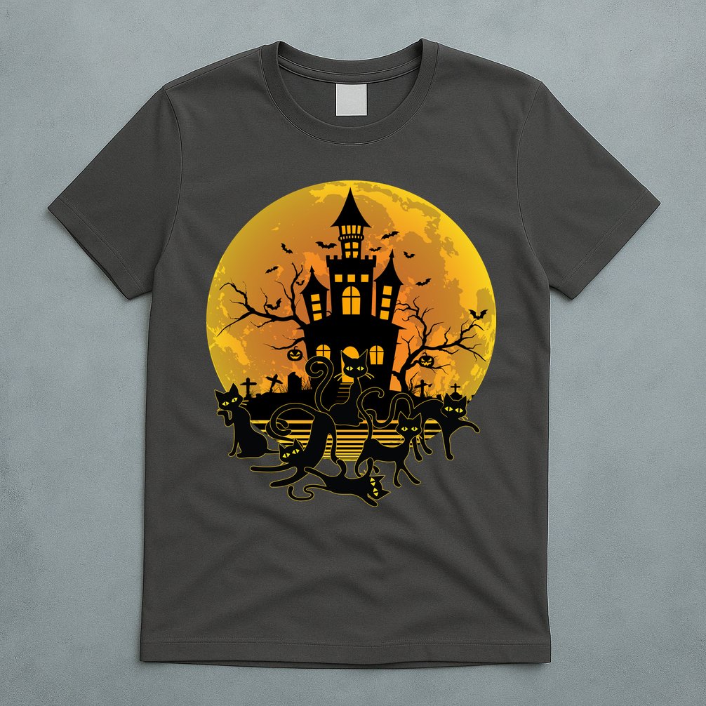 Spooky Halloween Castle Black Cats T-Shirt