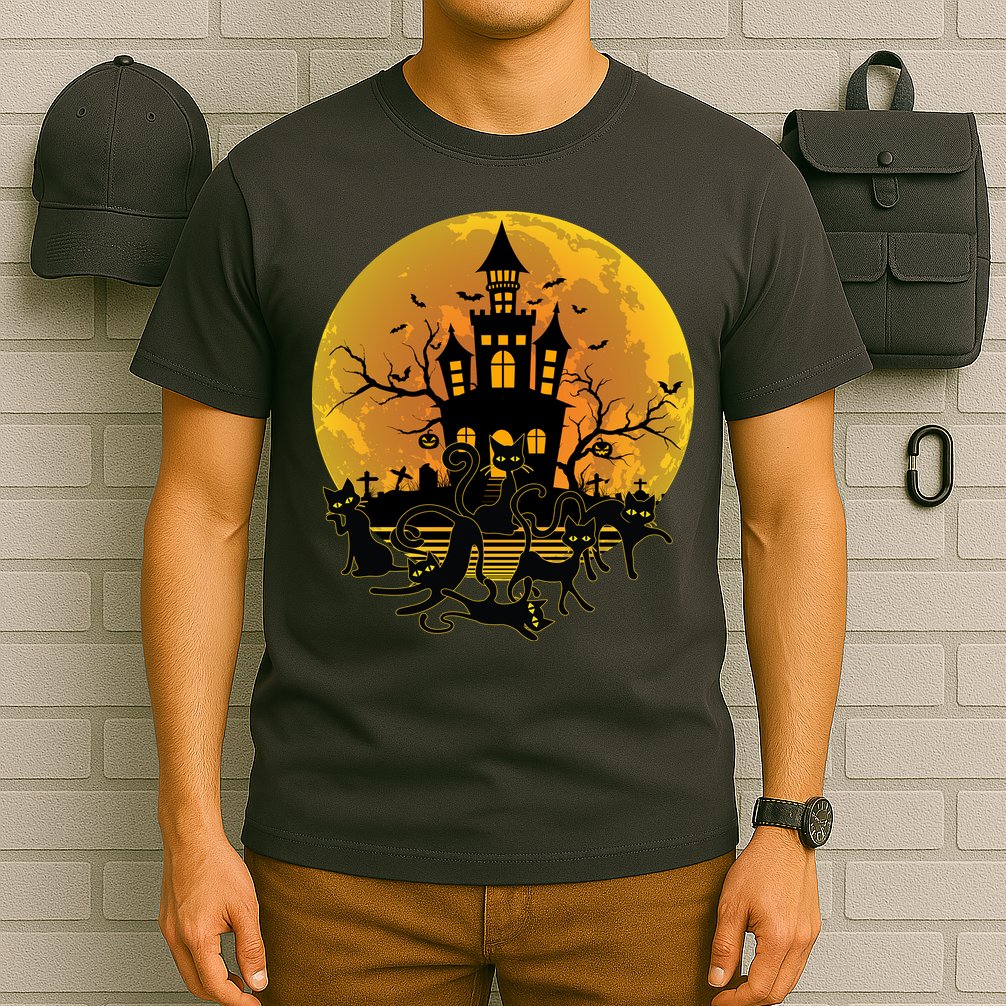 Spooky Halloween Castle Black Cats T-Shirt