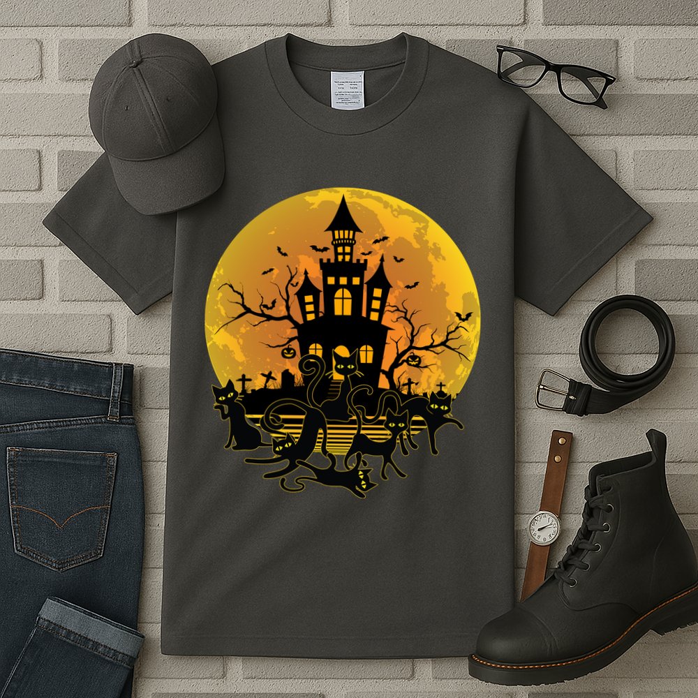Spooky Halloween Castle Black Cats Tall T-Shirt