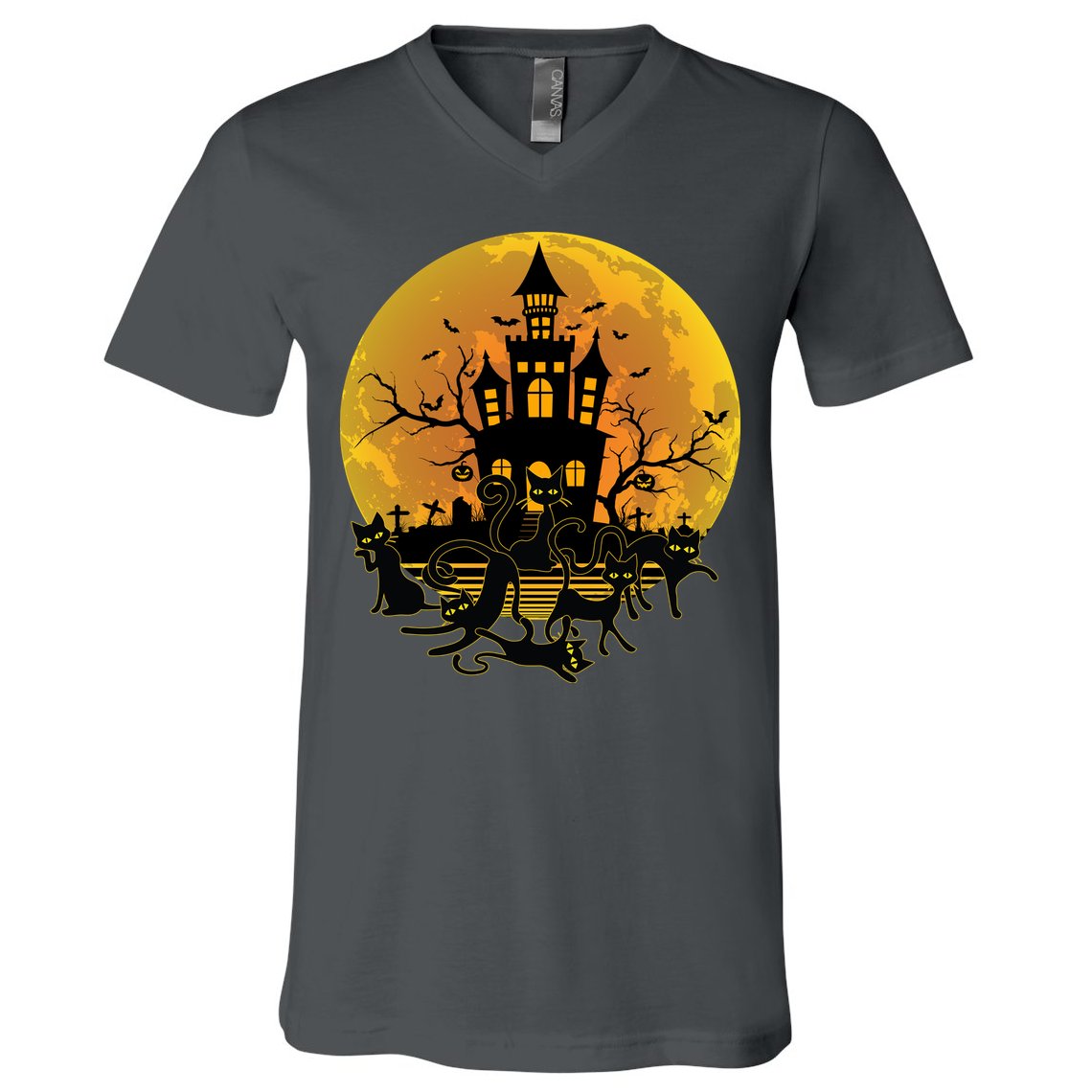 Spooky Halloween Castle Black Cats V-Neck T-Shirt