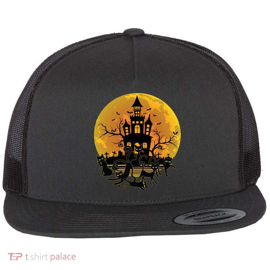Spooky Halloween Castle Black Cats Flat Bill Trucker Hat