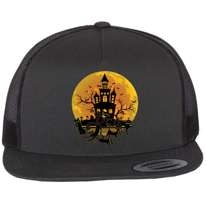 Spooky Halloween Castle Black Cats Flatbill Hat