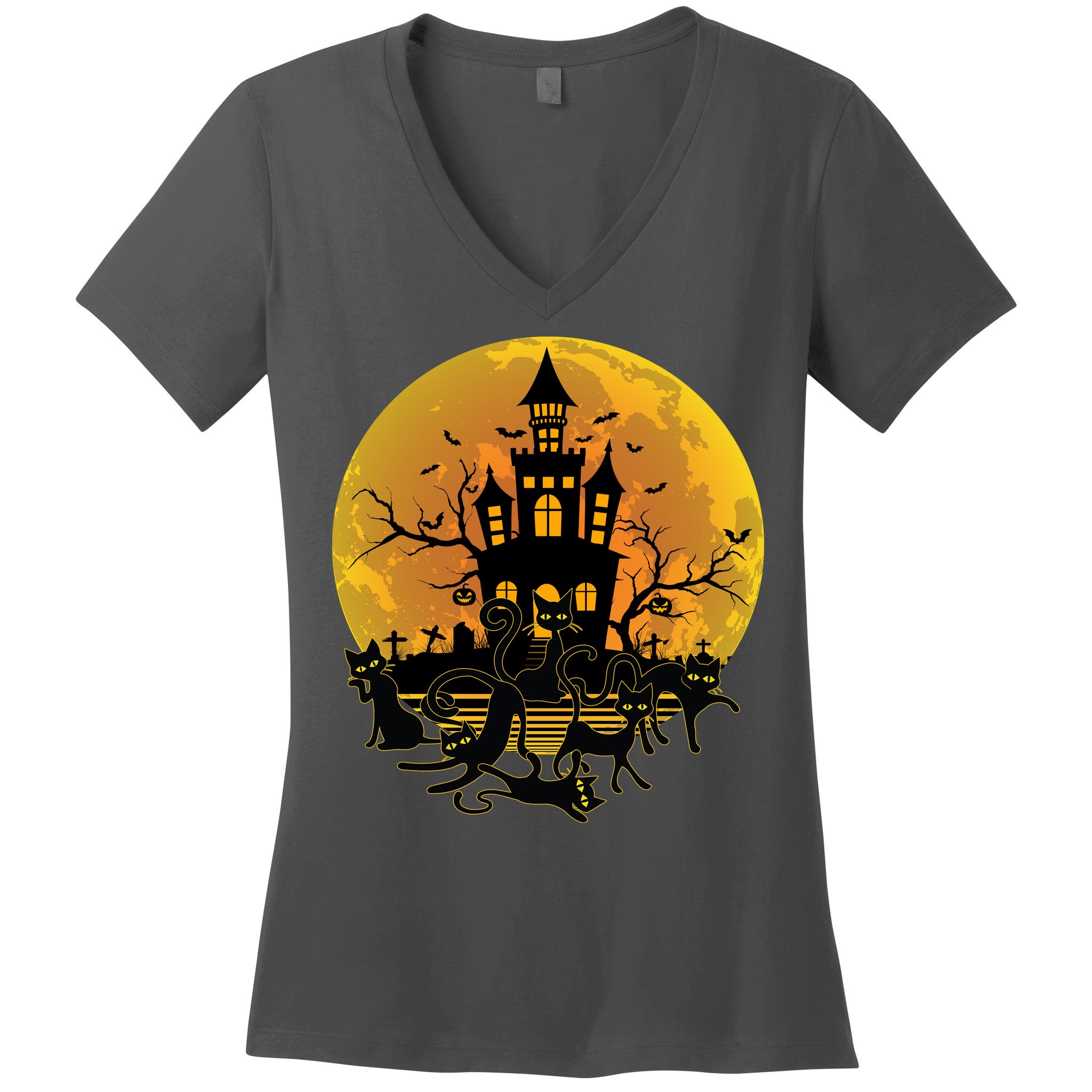 Spooky Halloween Castle Black Cats Women's V-Neck T-Shirt