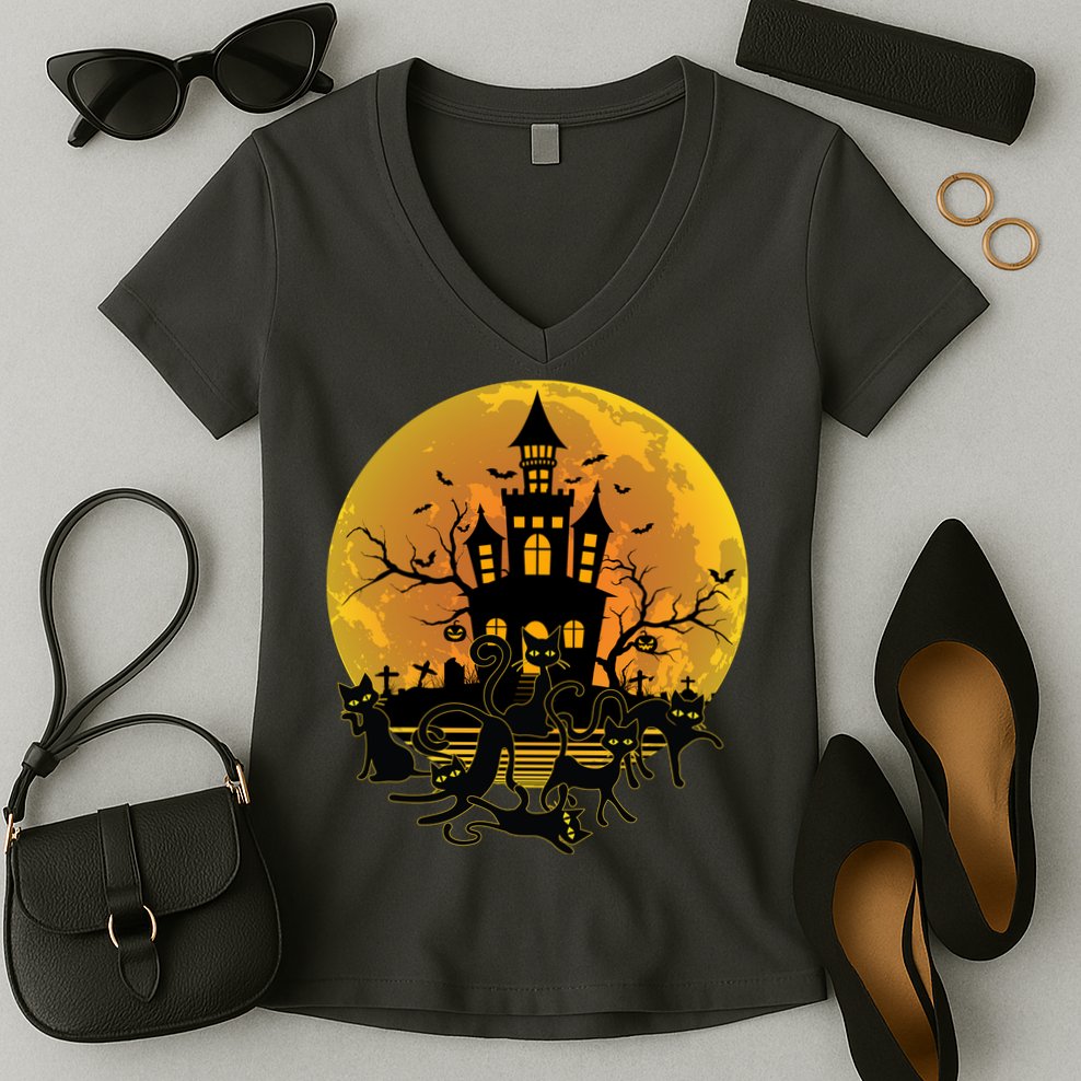 Spooky Halloween Castle Black Cats Women's V-Neck T-Shirt