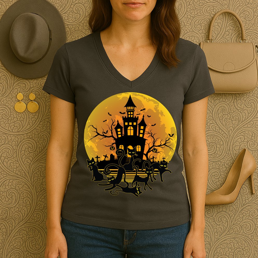 Spooky Halloween Castle Black Cats Women's V-Neck T-Shirt