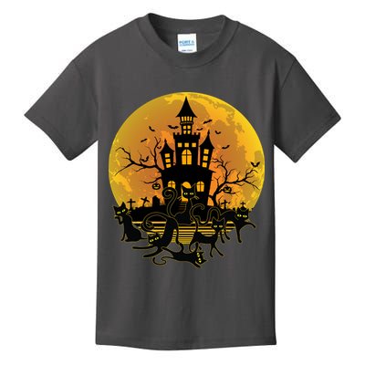 Spooky Halloween Castle Black Cats Kids T-Shirt