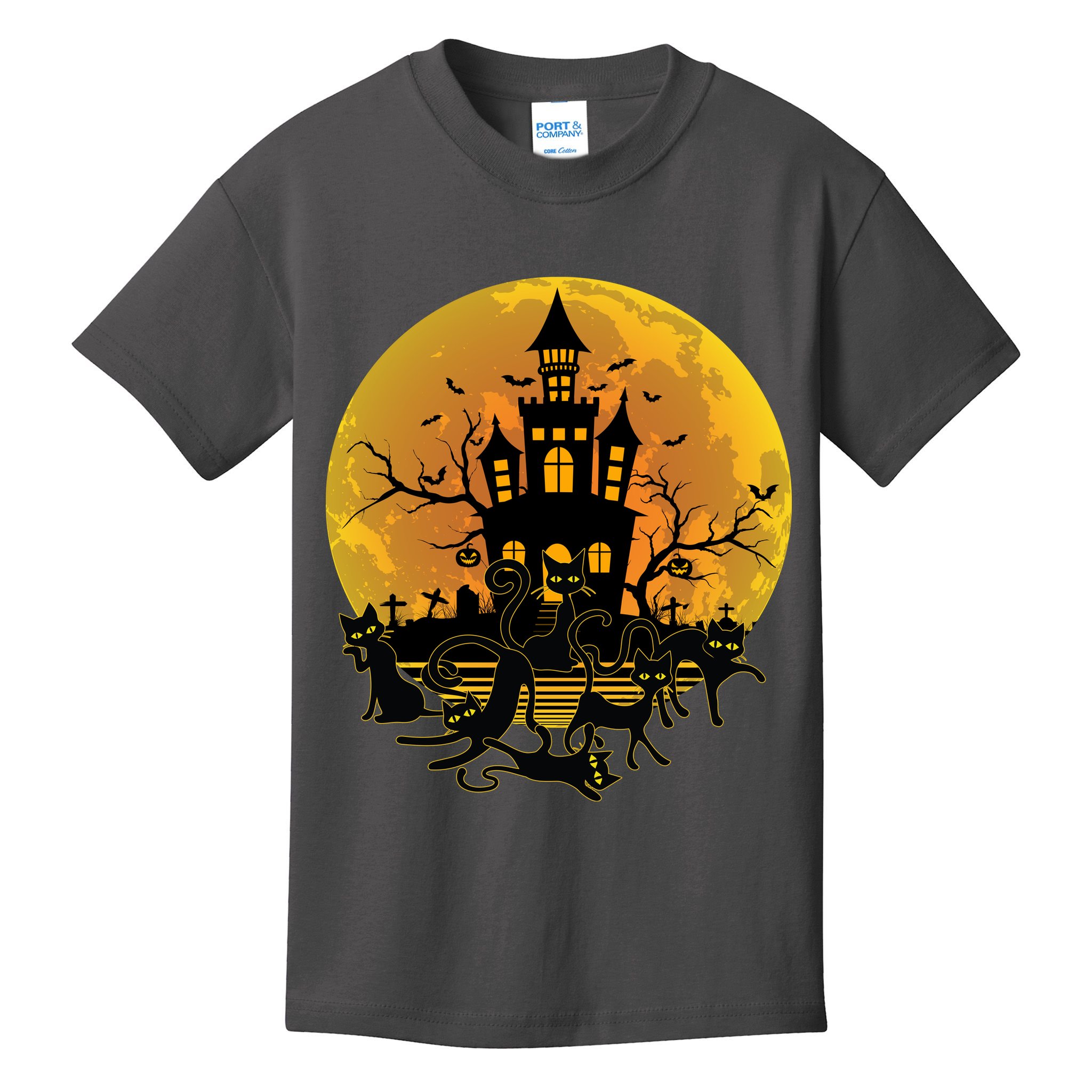 Spooky Halloween Castle Black Cats Kids T-Shirt