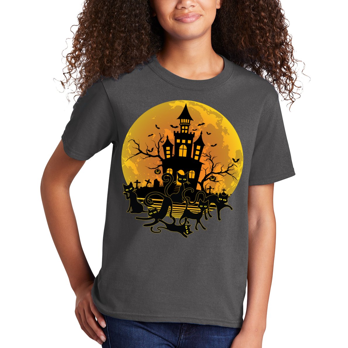 Spooky Halloween Castle Black Cats Kids T-Shirt