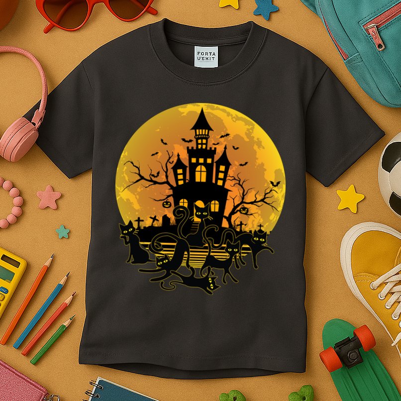 Spooky Halloween Castle Black Cats Kids T-Shirt
