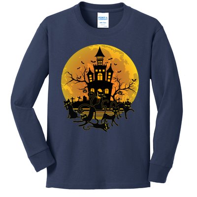 Spooky Halloween Castle Black Cats Kids Long Sleeve Shirt