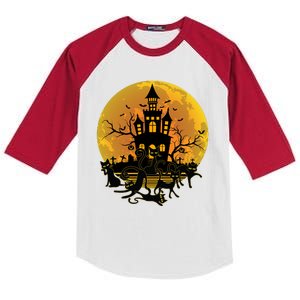 Spooky Halloween Castle Black Cats Kids Colorblock Raglan Jersey