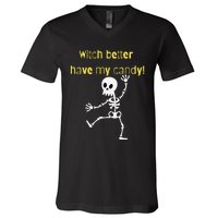 Skeleton Halloween Candy Quote Funny Witch V-Neck T-Shirt