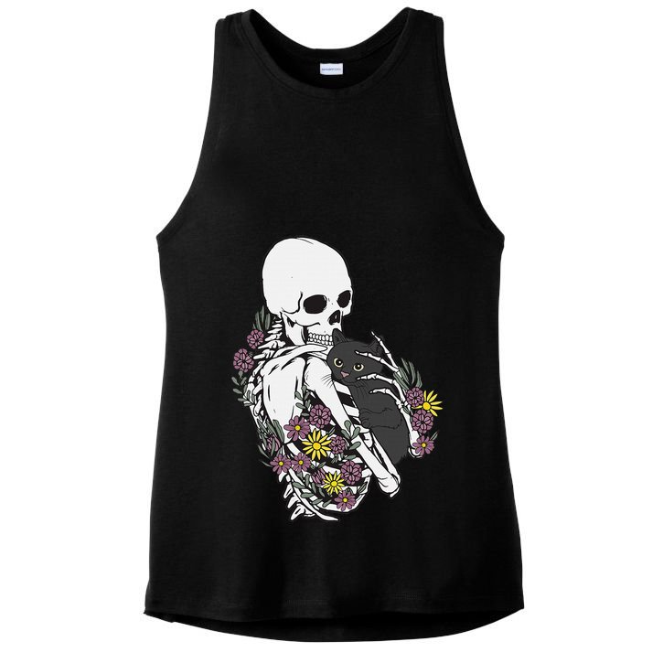 Skeleton Hugging Cat Flowers Skeleton Black Cat Ladies PosiCharge Tri-Blend Wicking Tank