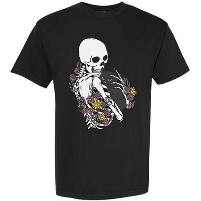 Skeleton Hugging Cat Flowers Skeleton Black Cat Garment-Dyed Heavyweight T-Shirt