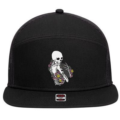Skeleton Hugging Cat Flowers Skeleton Black Cat 7 Panel Mesh Trucker Snapback Hat