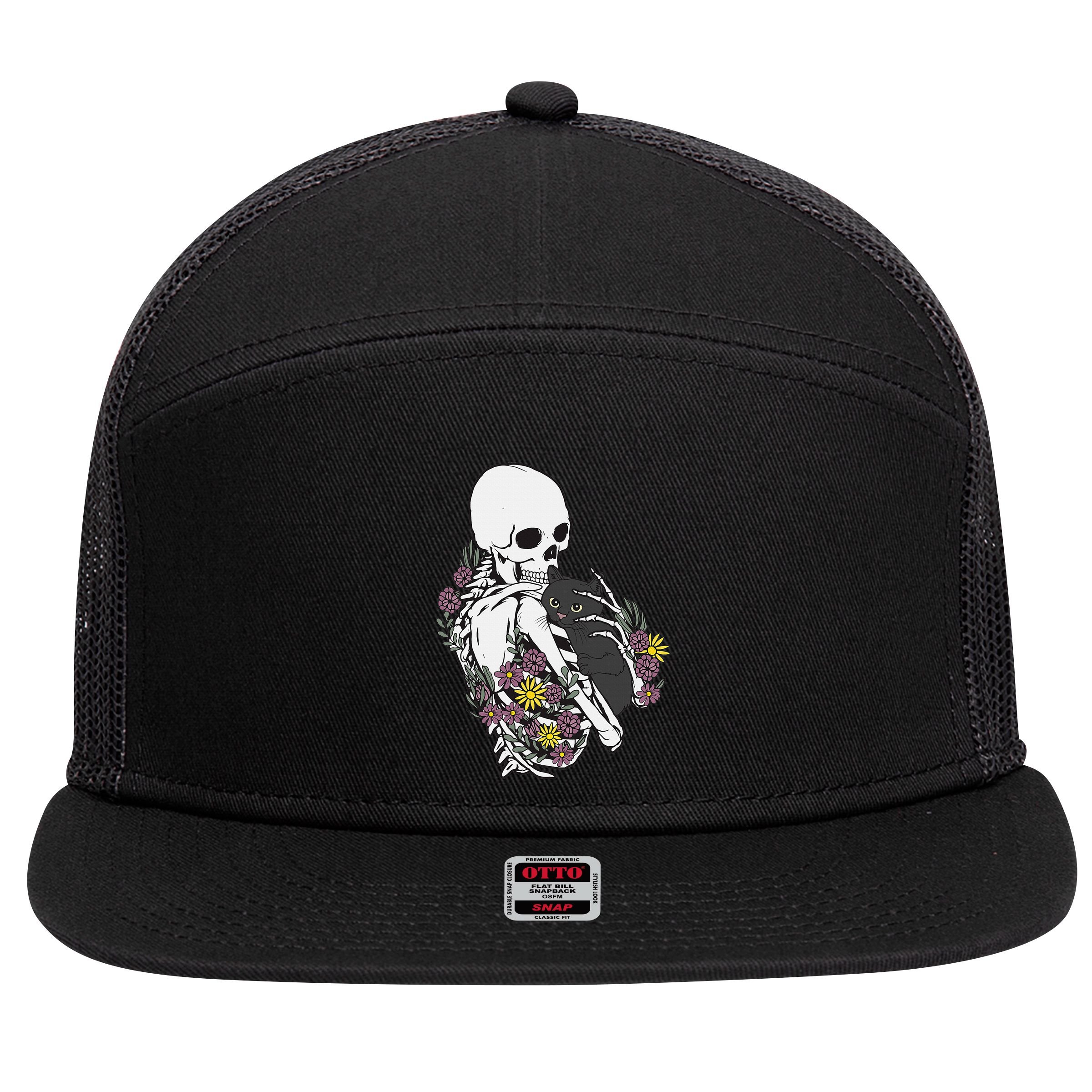 Skeleton Hugging Cat Flowers Skeleton Black Cat 7 Panel Mesh Trucker Snapback Hat
