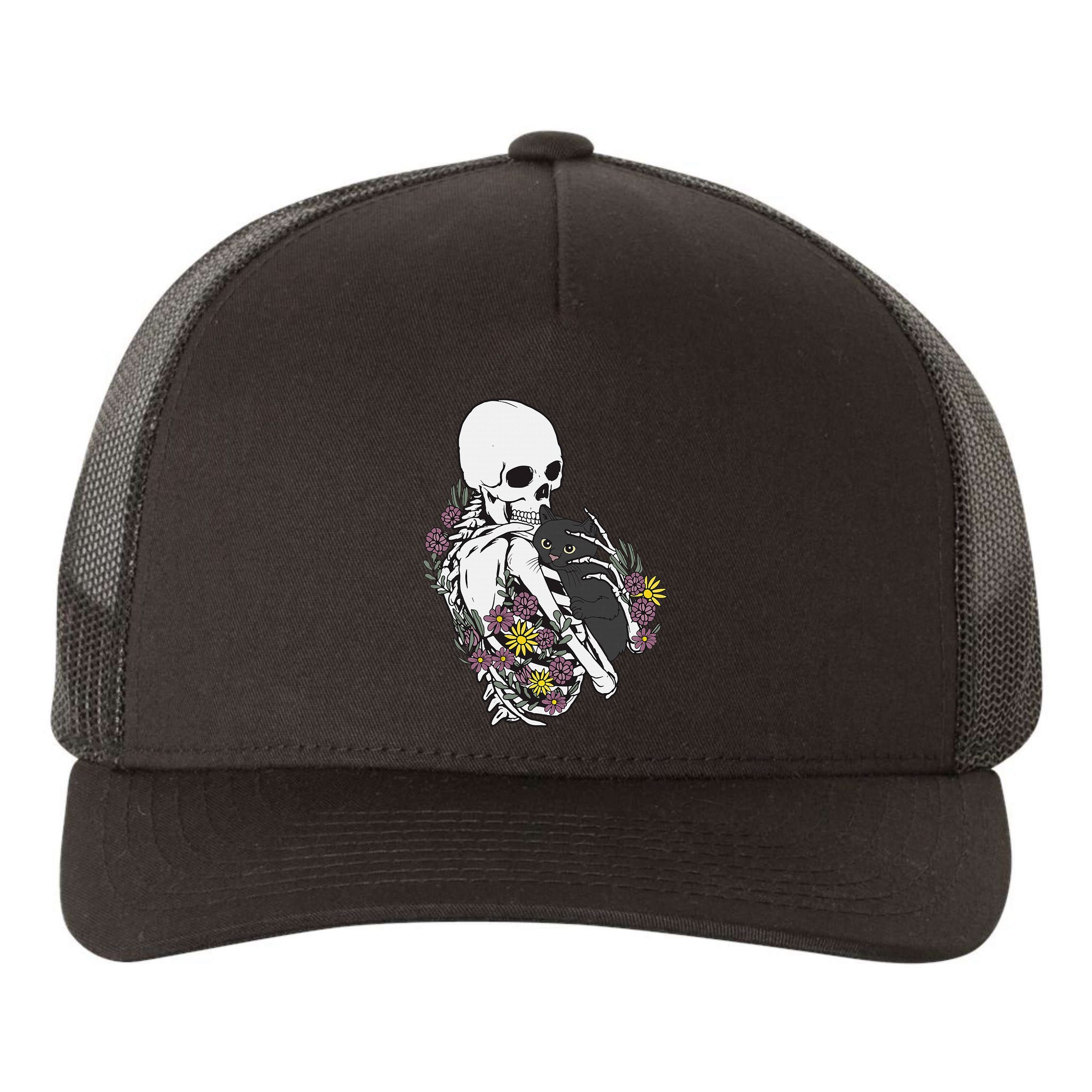 Skeleton Hugging Cat Flowers Skeleton Black Cat Yupoong Adult 5-Panel Trucker Hat