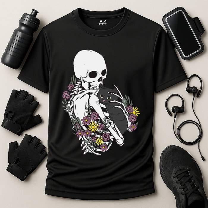 Skeleton Hugging Cat Flowers Skeleton Black Cat Performance Shirt