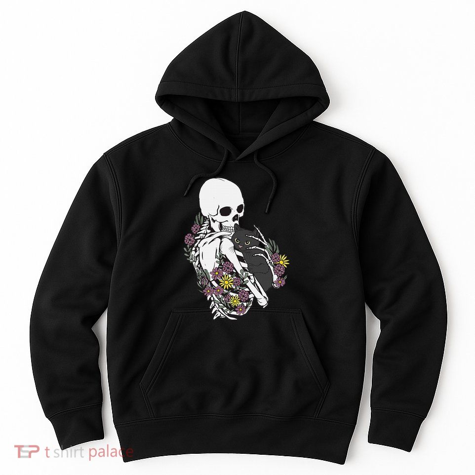 Skeleton Hugging Cat Flowers Skeleton Black Cat Hoodie