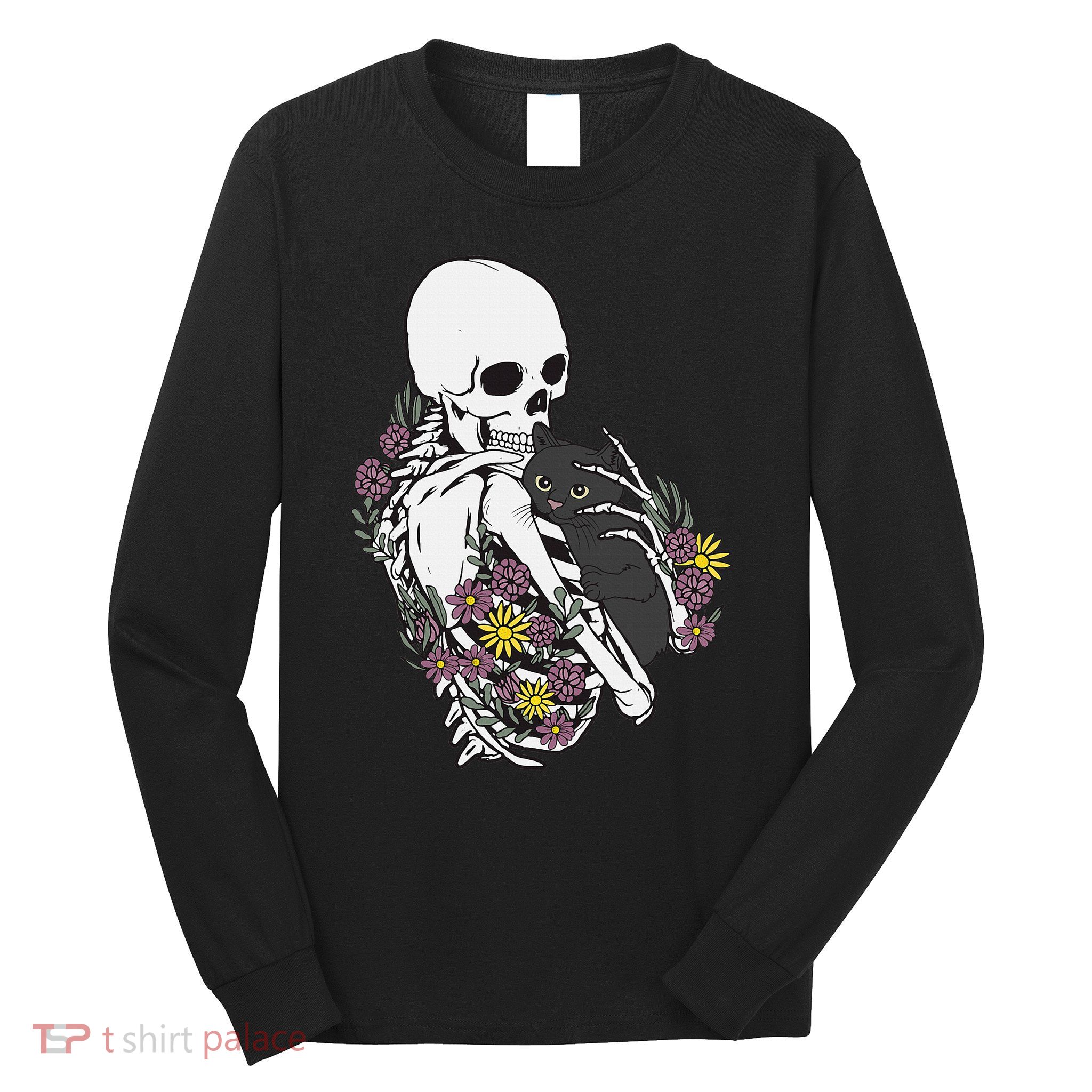 Skeleton Hugging Cat Flowers Skeleton Black Cat Long Sleeve Shirt