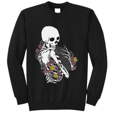 Skeleton Hugging Cat Flowers Skeleton Black Cat Sweatshirt