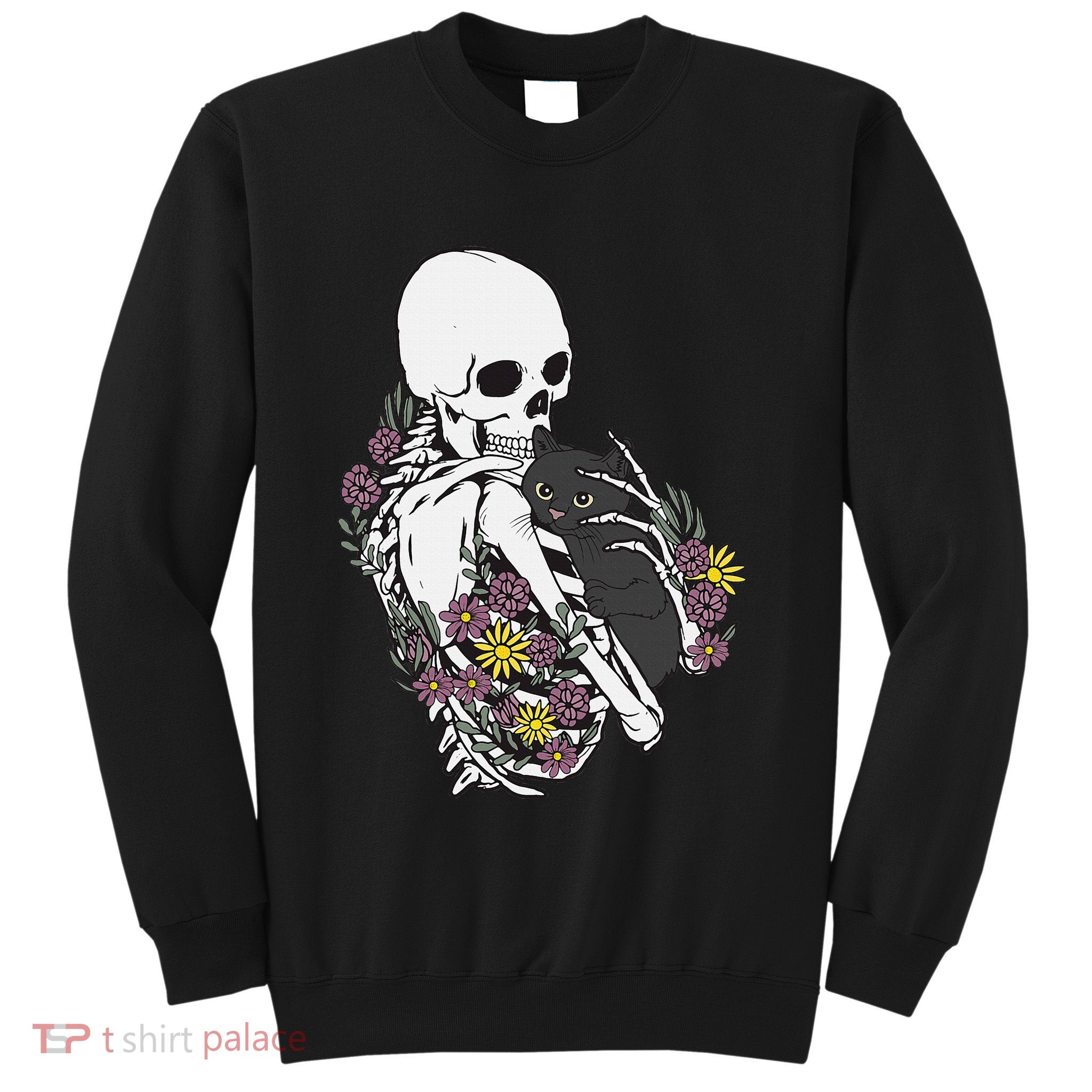 Skeleton Hugging Cat Flowers Skeleton Black Cat Sweatshirt