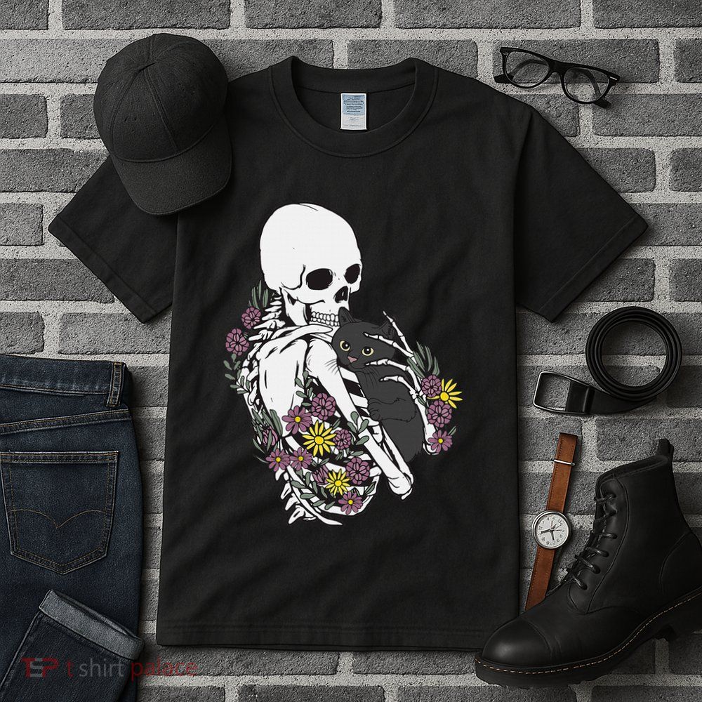 Skeleton Hugging Cat Flowers Skeleton Black Cat Tall T-Shirt