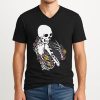Skeleton Hugging Cat Flowers Skeleton Black Cat V-Neck T-Shirt