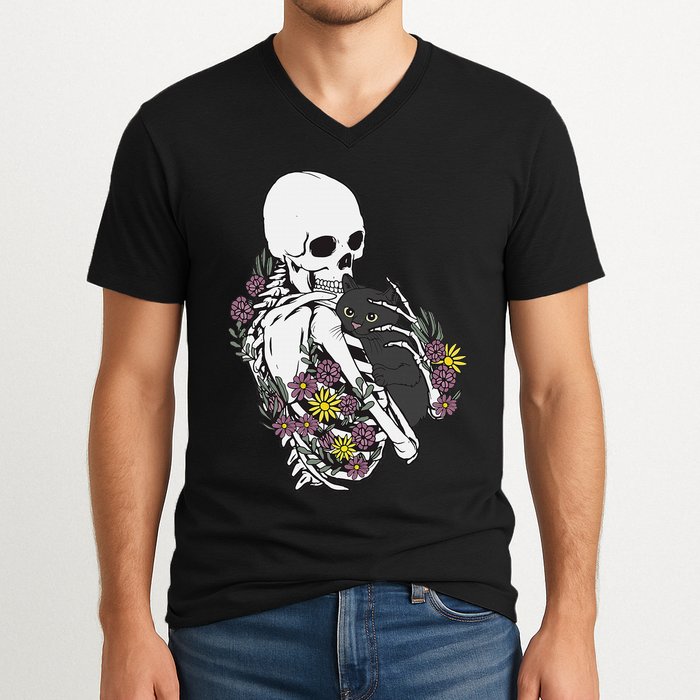 Skeleton Hugging Cat Flowers Skeleton Black Cat V-Neck T-Shirt