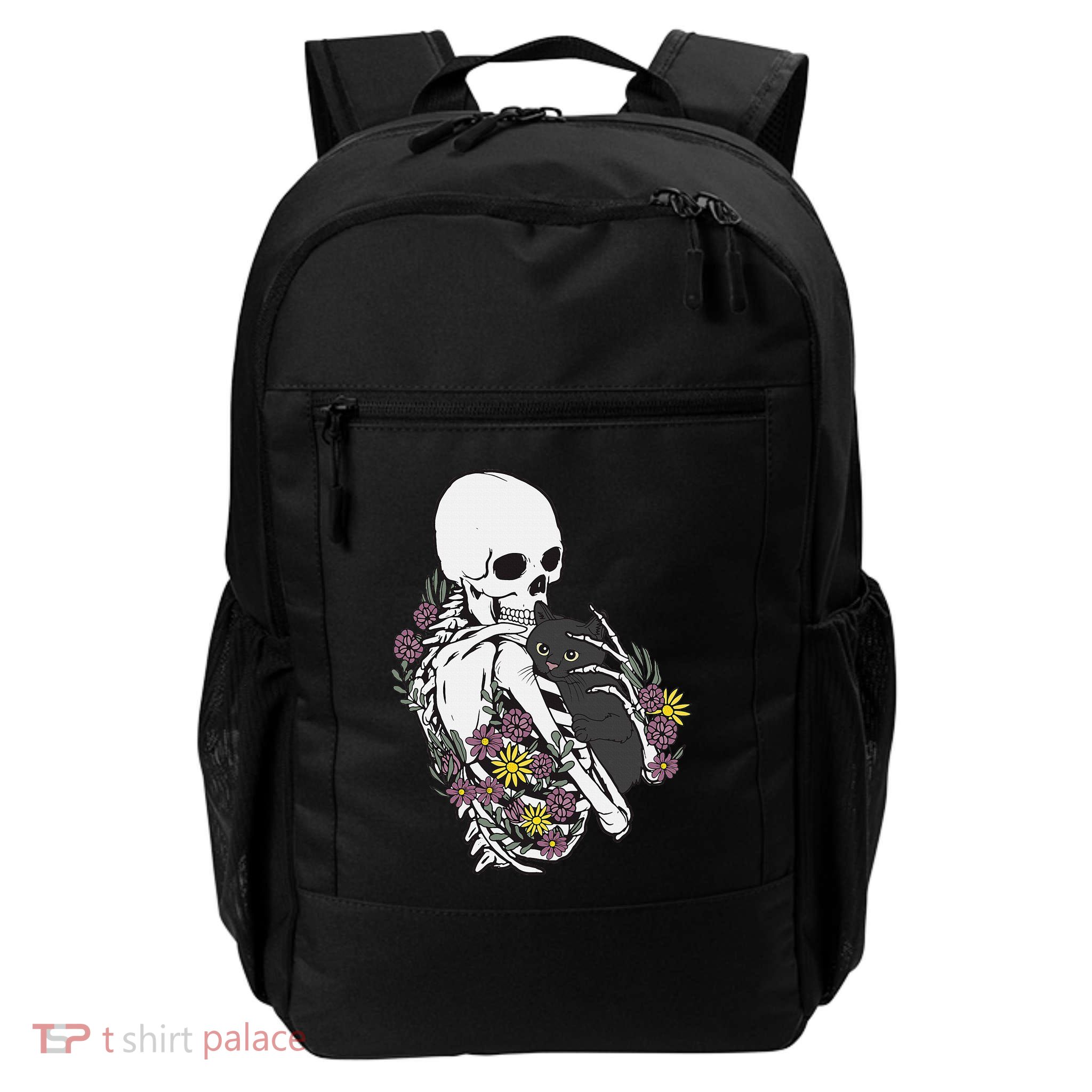 Skeleton Hugging Cat Flowers Skeleton Black Cat Daily Commute Backpack