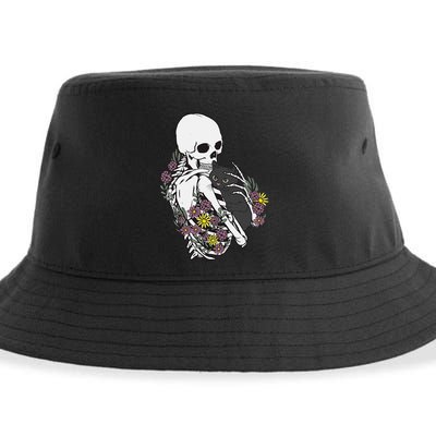Skeleton Hugging Cat Flowers Skeleton Black Cat Sustainable Bucket Hat