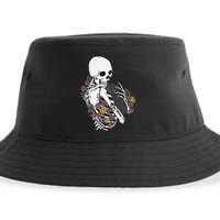 Skeleton Hugging Cat Flowers Skeleton Black Cat Sustainable Bucket Hat