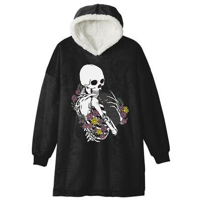 Skeleton Hugging Cat Flowers Skeleton Black Cat Hooded Wearable Blanket