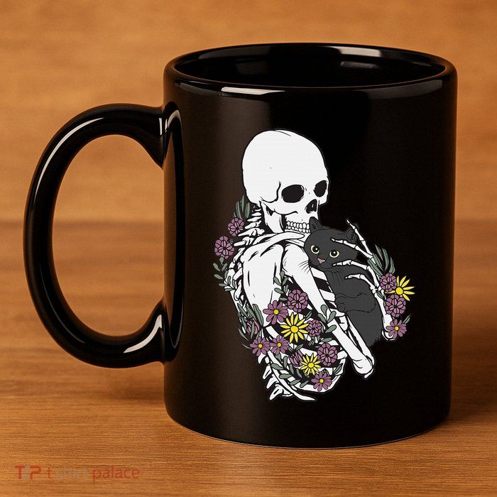 Skeleton Hugging Cat Flowers Skeleton Black Cat 11oz C Handle Ceramic Mug