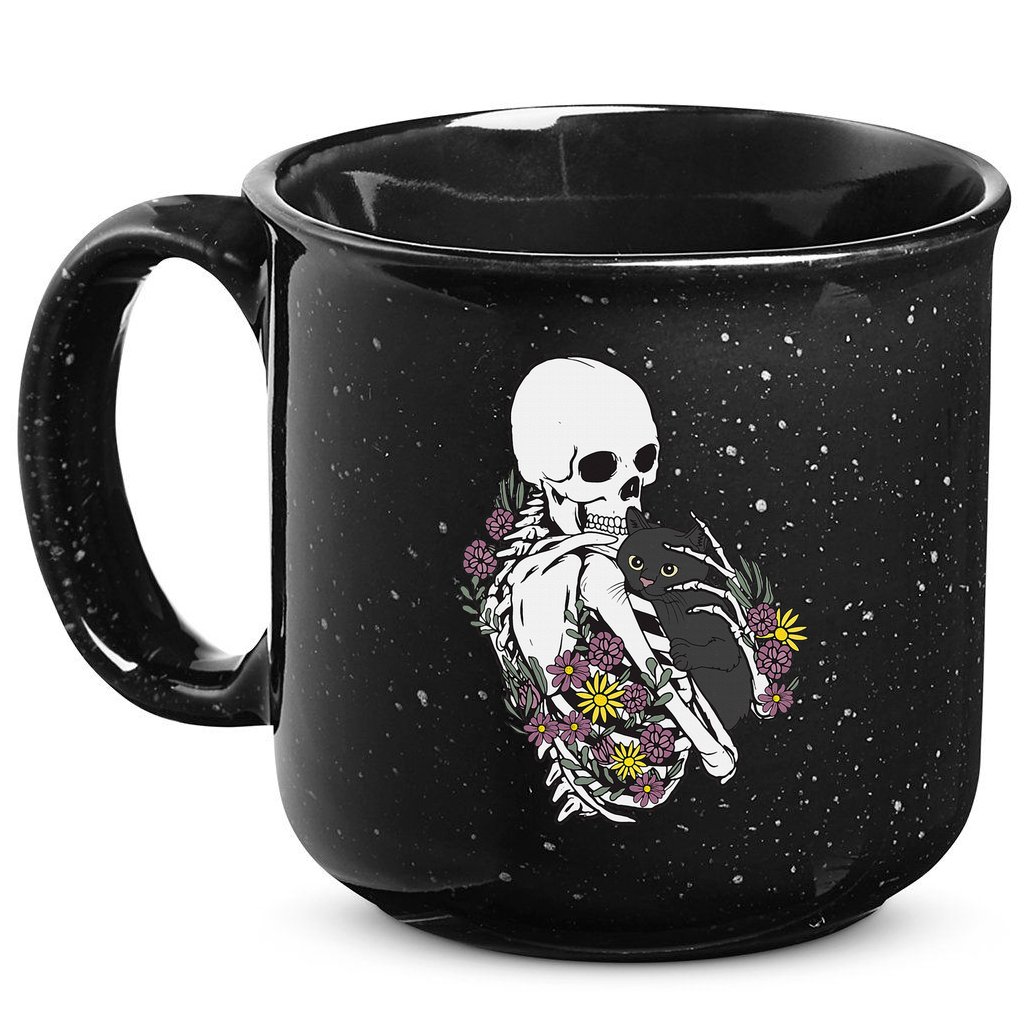 Skeleton Hugging Cat Flowers Skeleton Black Cat 15oz Campfire Ceramic Mug