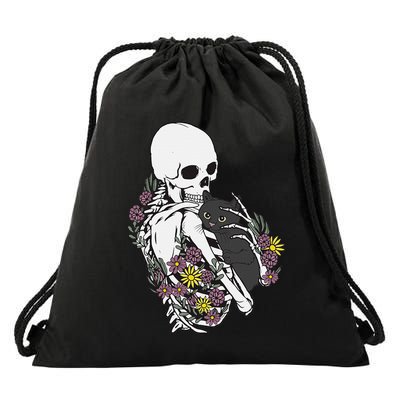Skeleton Hugging Cat Flowers Skeleton Black Cat Drawstring Bag